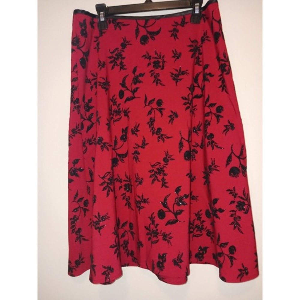 Speechless Cottagecore Red Midi‎ Flared Skirt Black Flocked Velevet Floral M